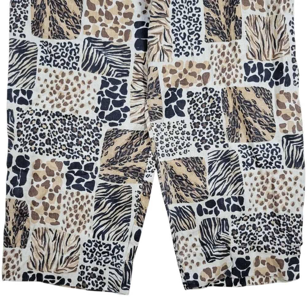 Hot Cotton 100% Linen Pants Womens 1X Brown Animal Print Pull On Cropped Casual - Picture 5 of 11